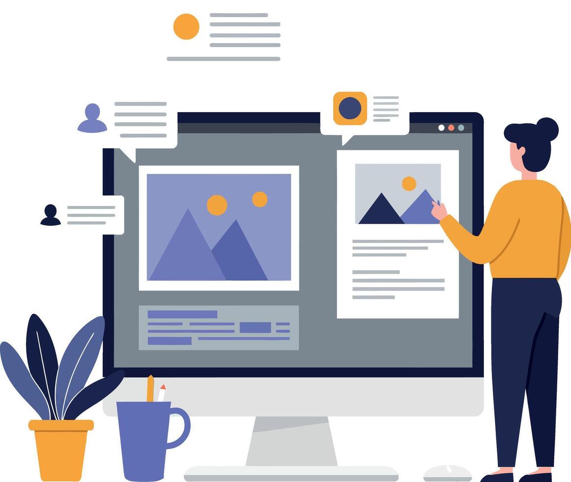 Person editing images on computer with plants and documents nearby vector