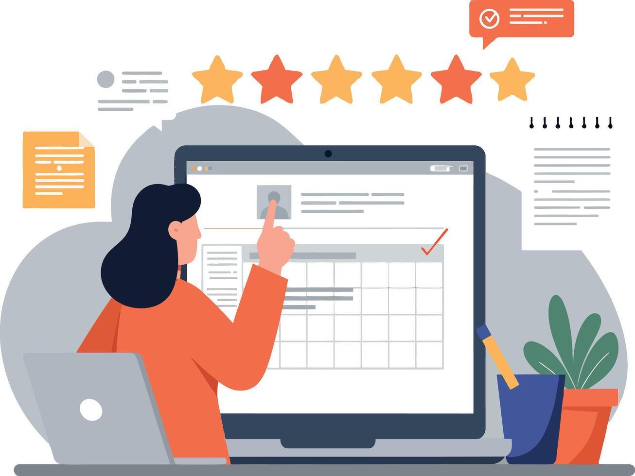 Woman reviewing a performance evaluation on a large computer screen vector