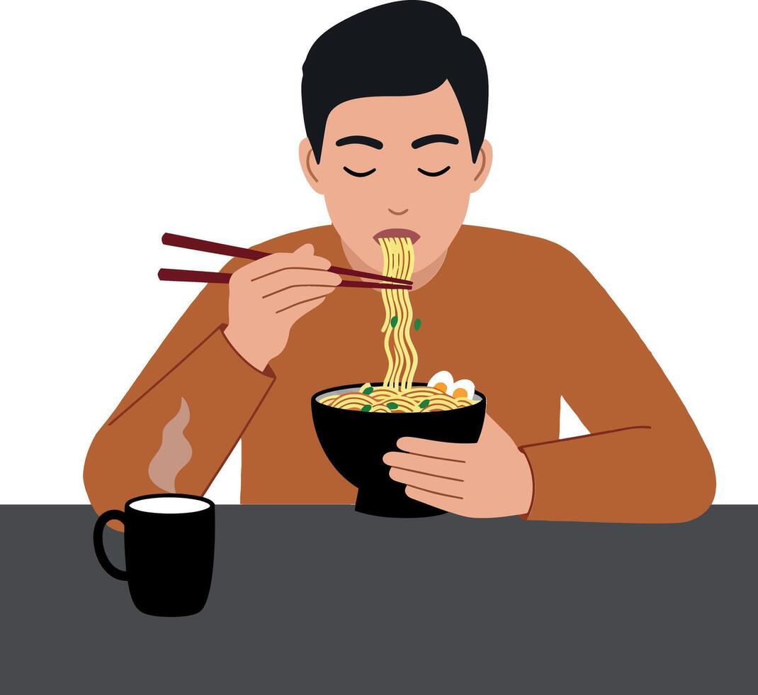 Man enjoying a bowl of noodles with chopsticks and a cup of tea vector