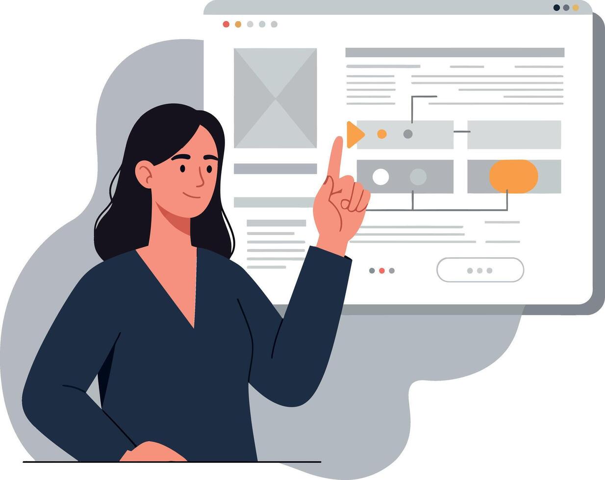 Woman interacting with digital interface while pointing at screen vector
