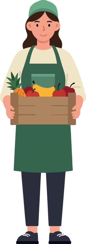 Woman wearing green apron holding a box of fresh fruits and vegetables vector