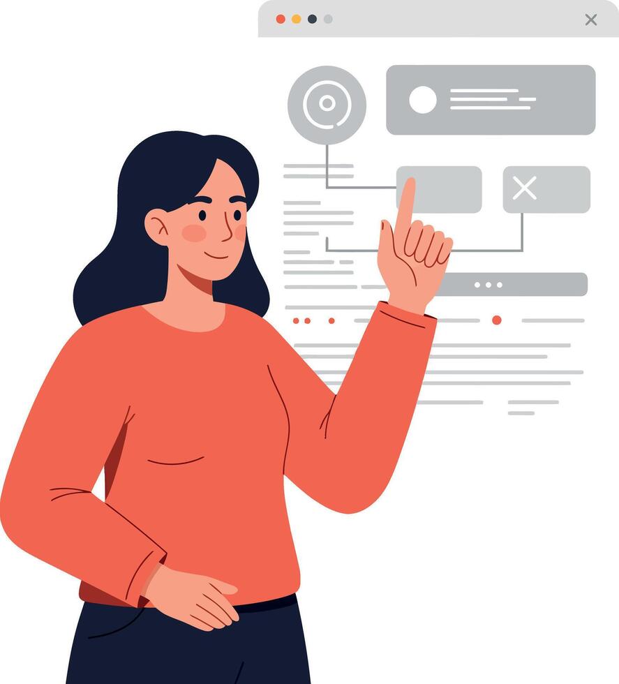 Woman interacting with digital interface while pointing at screen element vector