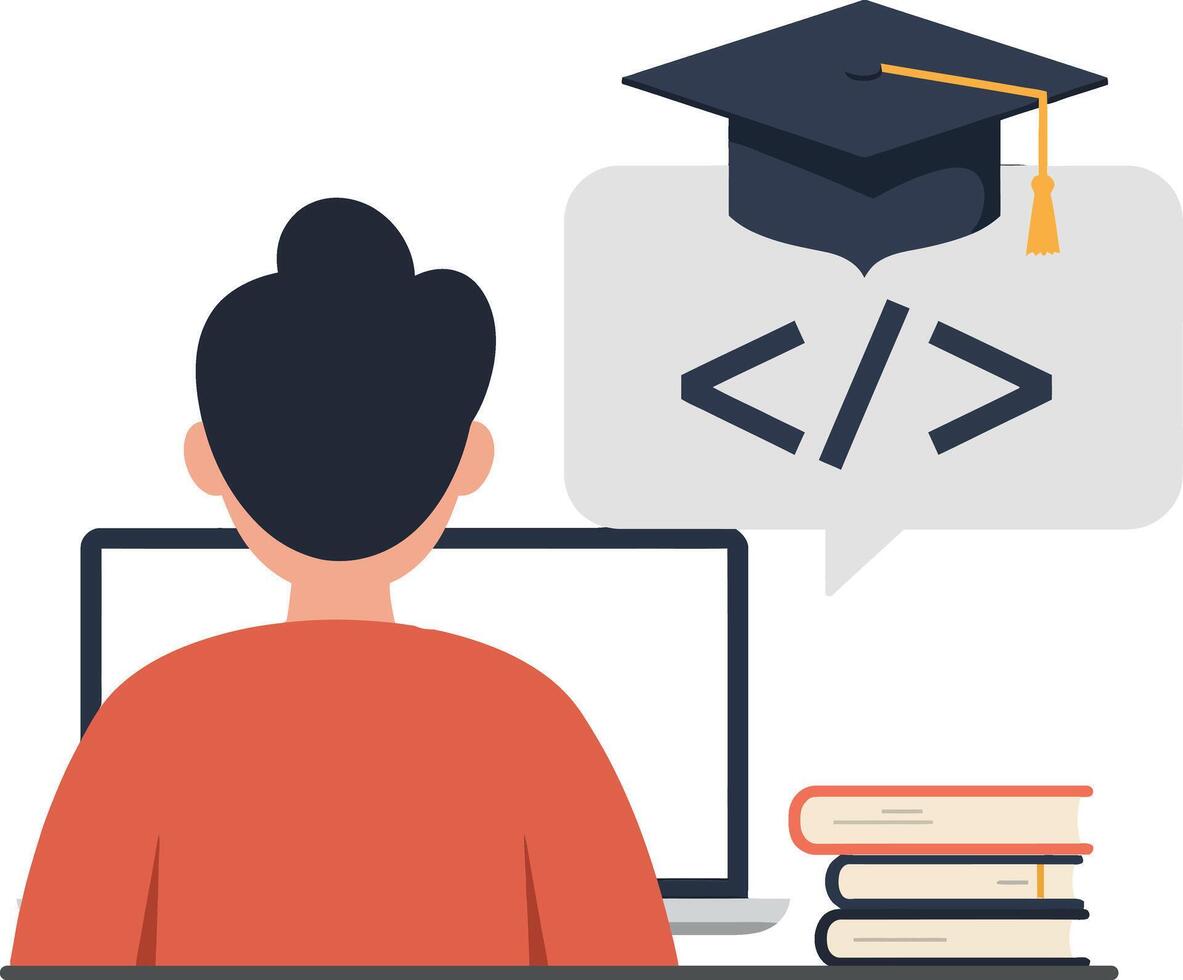 Person studying coding with graduation cap and books in workspace vector