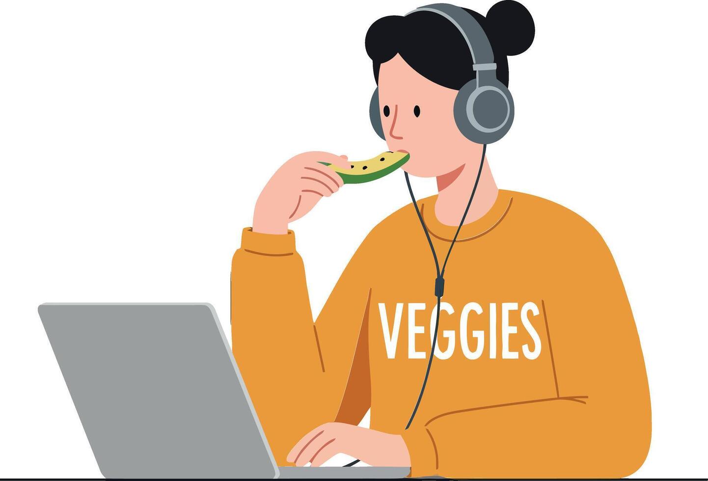 Young woman enjoying vegetables while working on a laptop at home vector