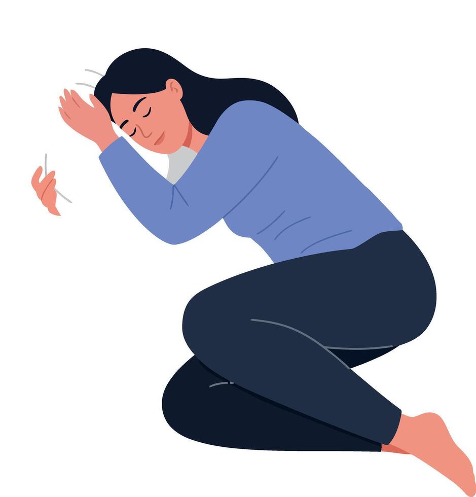 Illustration of a woman sitting with hands on her head in distress vector