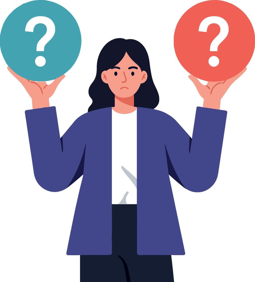 Woman holding two question mark symbols in contrasting colors, pondering choices vector