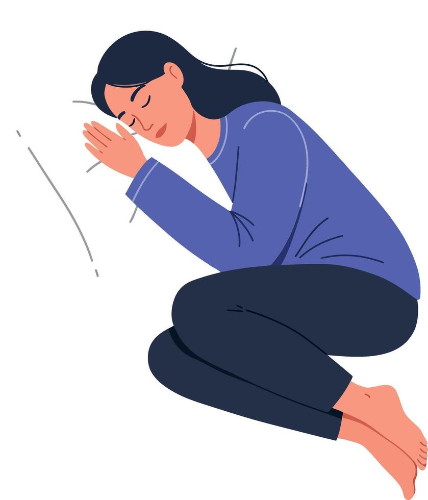 Woman peacefully sleeping in a cozy, curled-up position on bed vector