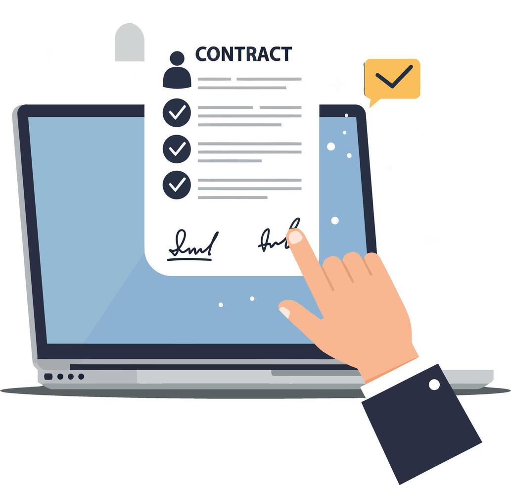 Hand signing a digital contract on a laptop screen with checkmarks vector