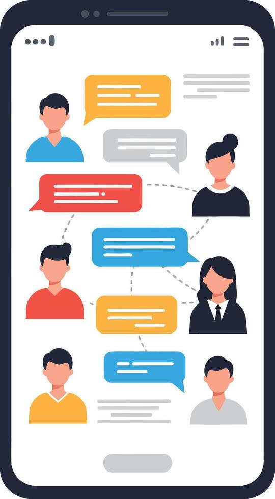 Communication between diverse characters through chat messages on smartphone screen vector