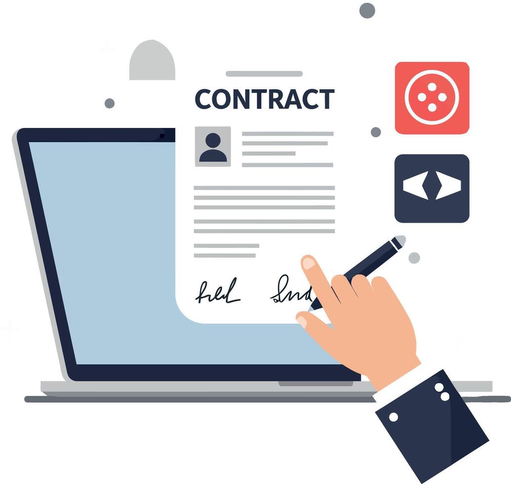 Hand signing contract document on laptop with digital icons displayed vector