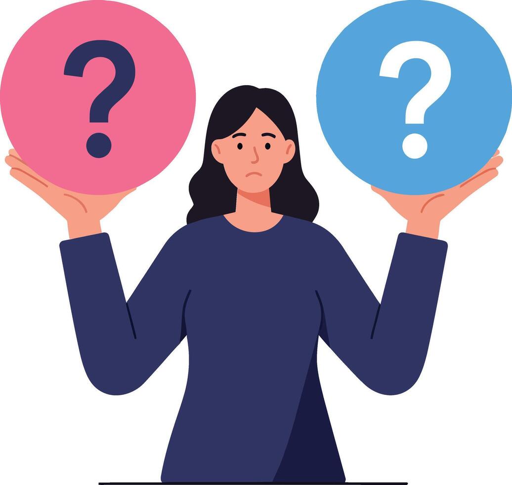 Woman holding pink and blue question marks expressing uncertainty and choice vector