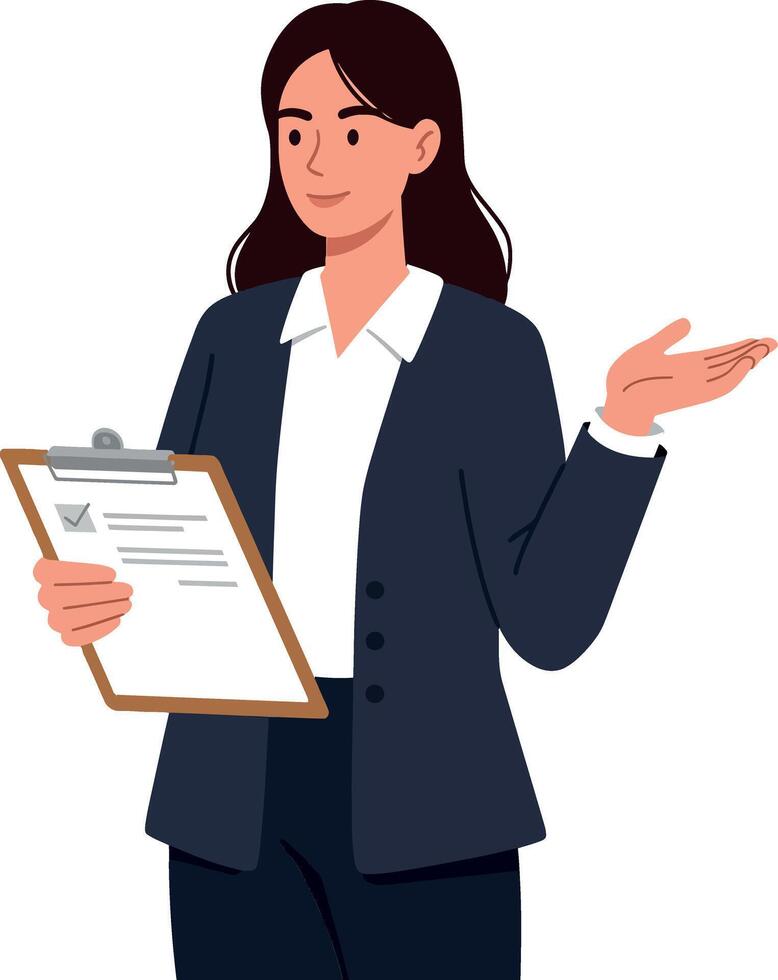 Confident businesswoman presenting information while holding a clipboard and gesturing vector