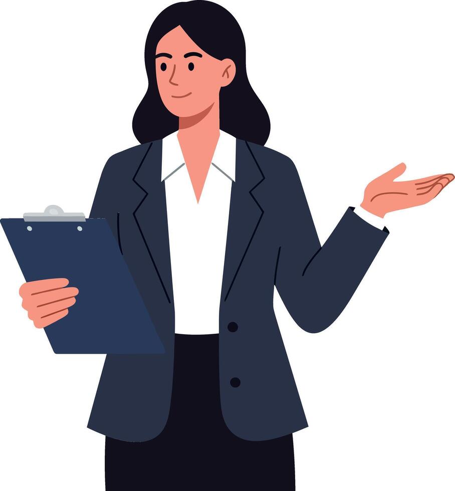 Professional woman presenting information with clipboard and friendly gesture vector