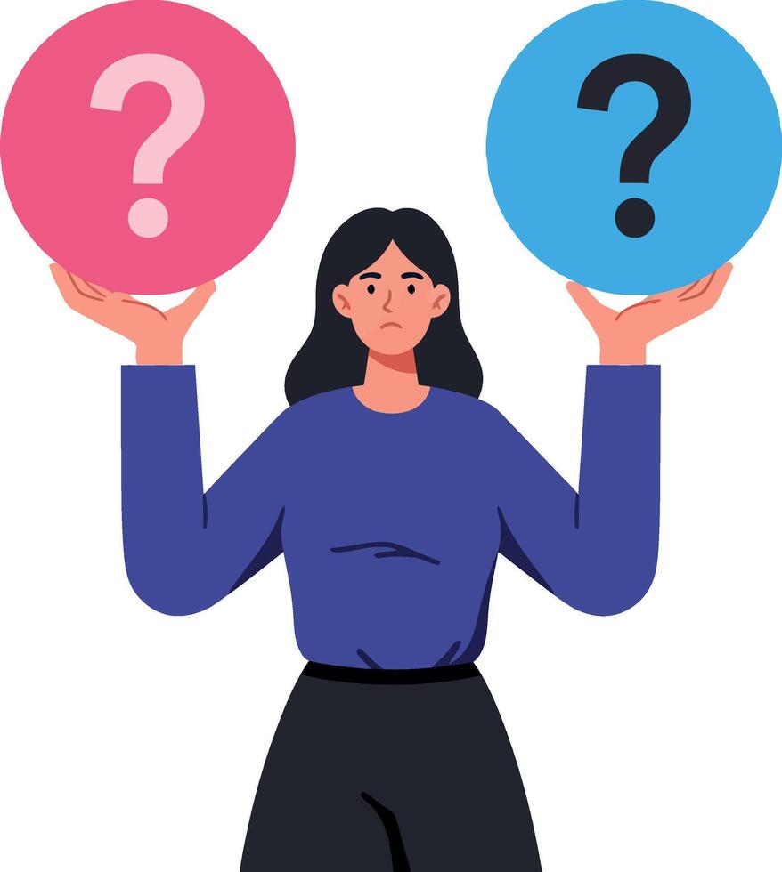 Woman holding pink and blue question mark circles in a decision-making pose vector
