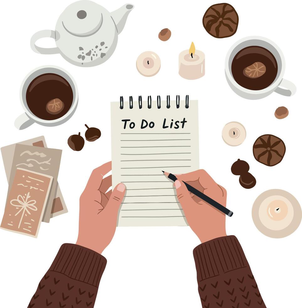 Cozy workspace scene with hands writing a to-do list and coffee vector