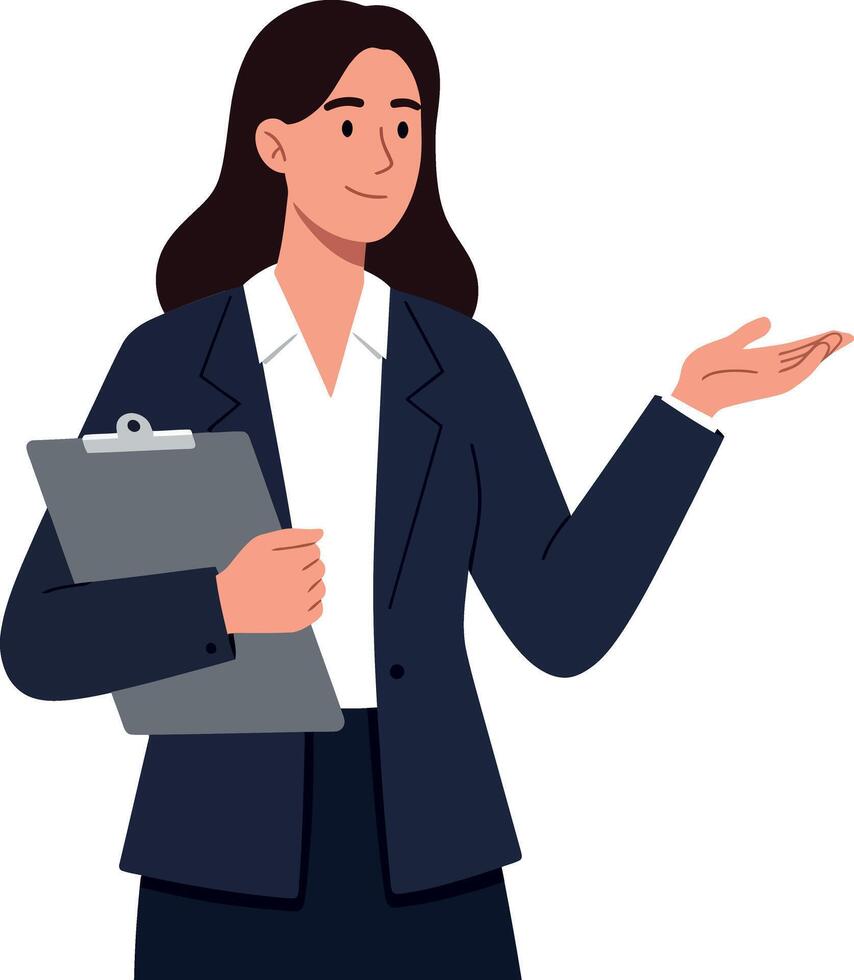 Professional woman in business attire presenting with a clipboard in hand vector