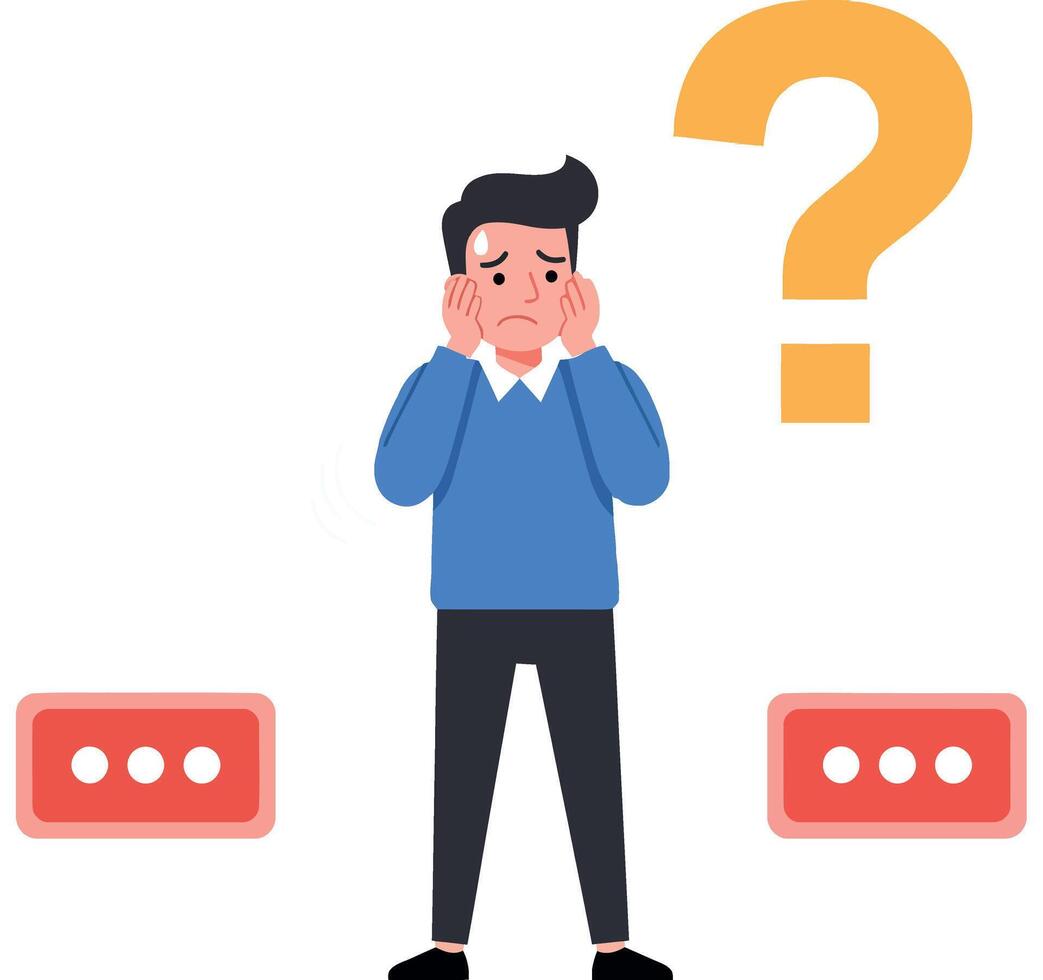 Confused man pondering between two options with a question mark above vector