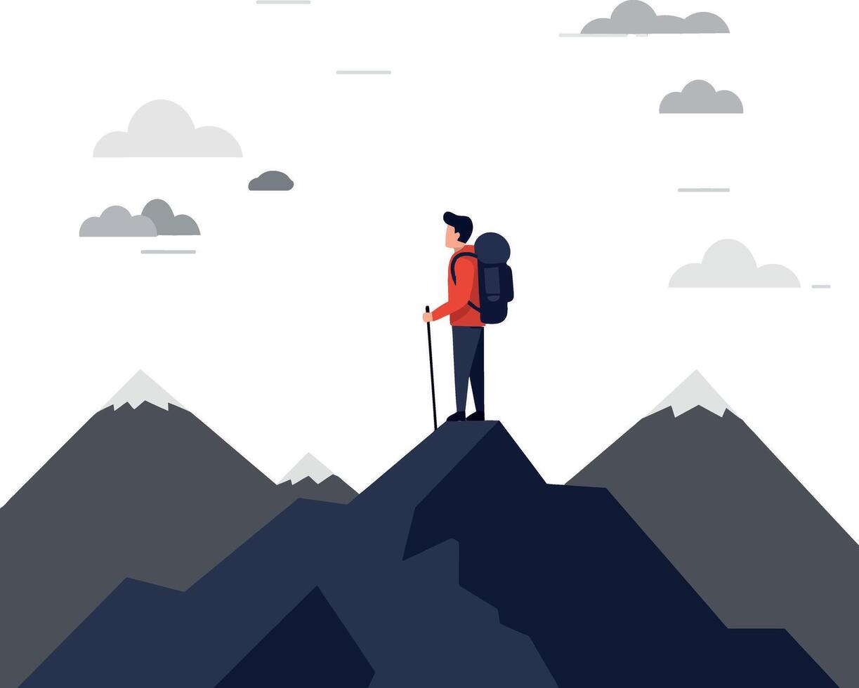 Hiker standing on mountain peak, admiring vast cloudy landscape view vector