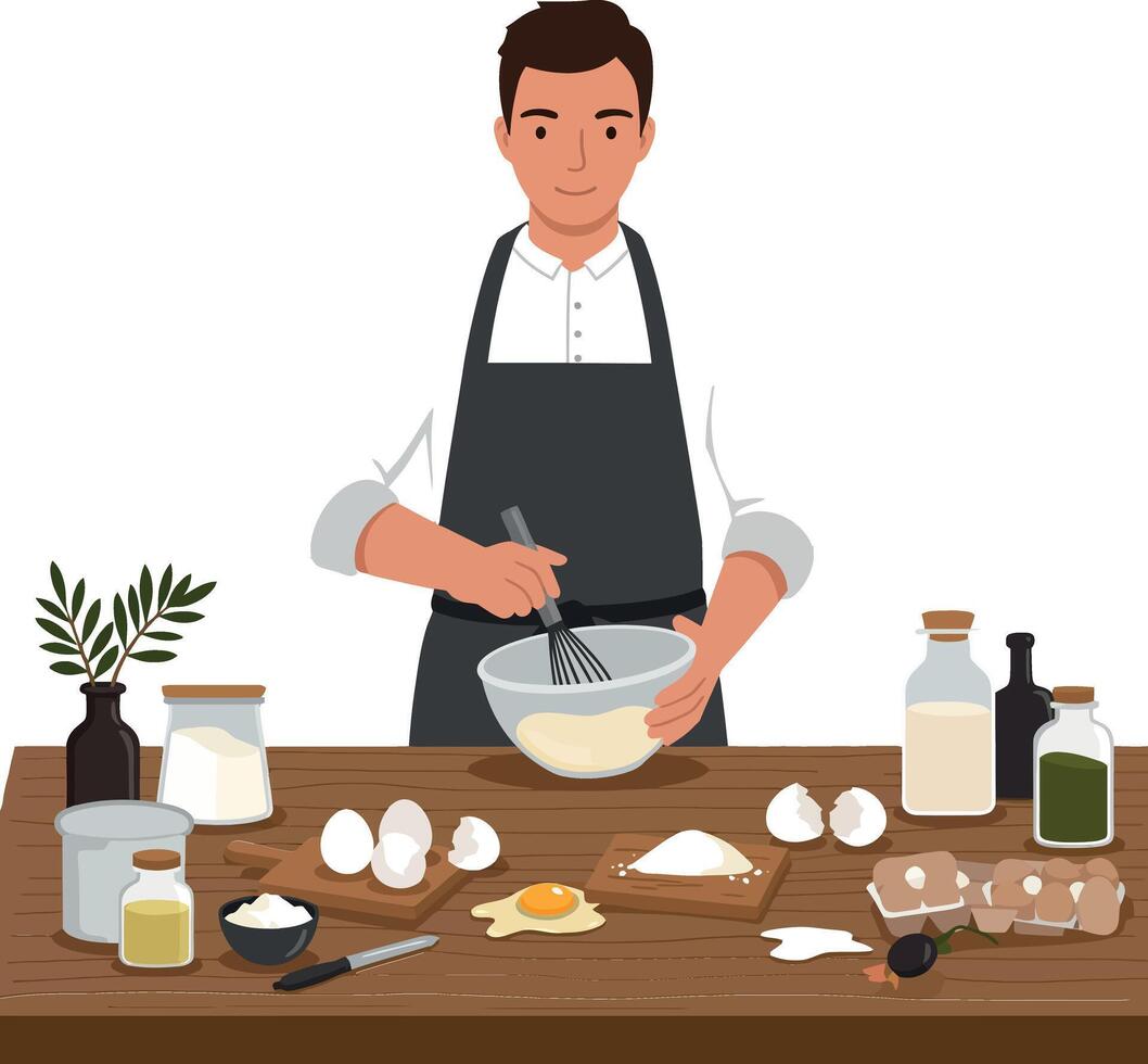 Man whisking ingredients in a kitchen with various cooking supplies displayed vector