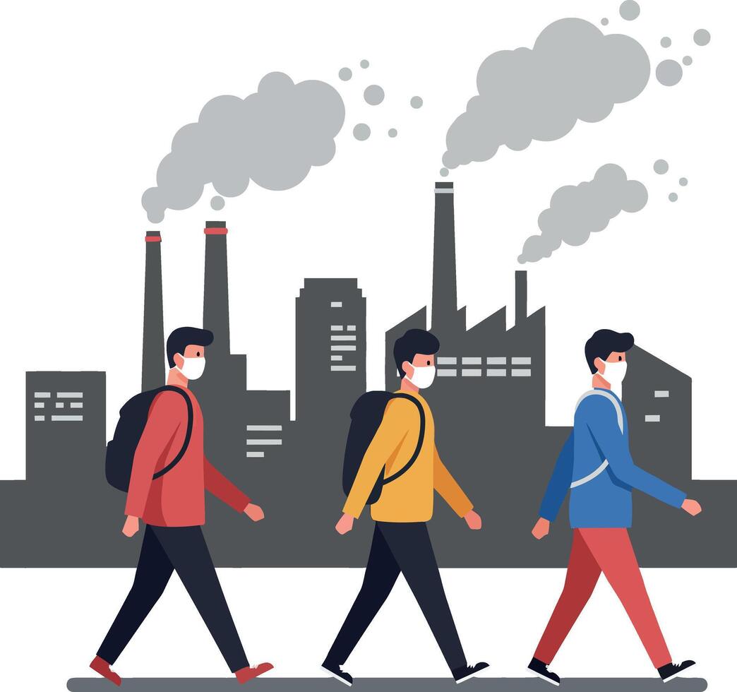 Three people walking in front of a smoky industrial skyline vector