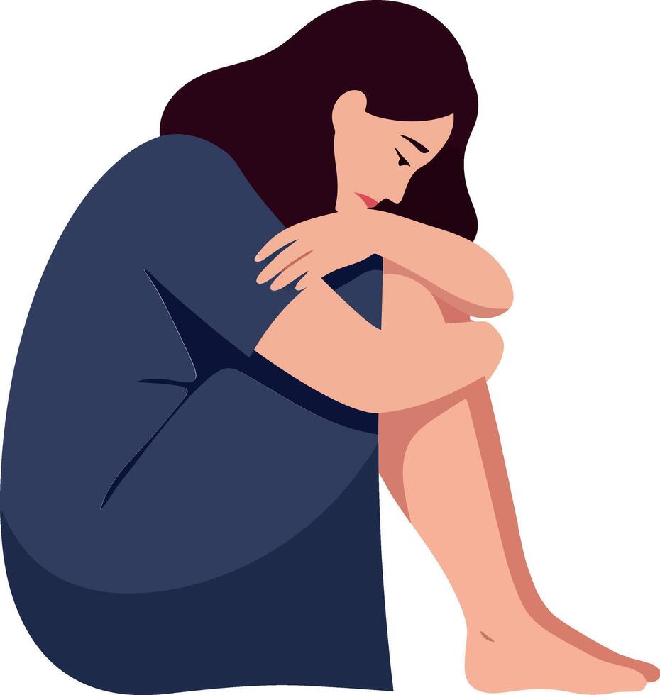 Illustration of a woman sitting with knees hugged, expressing sadness and contemplation vector