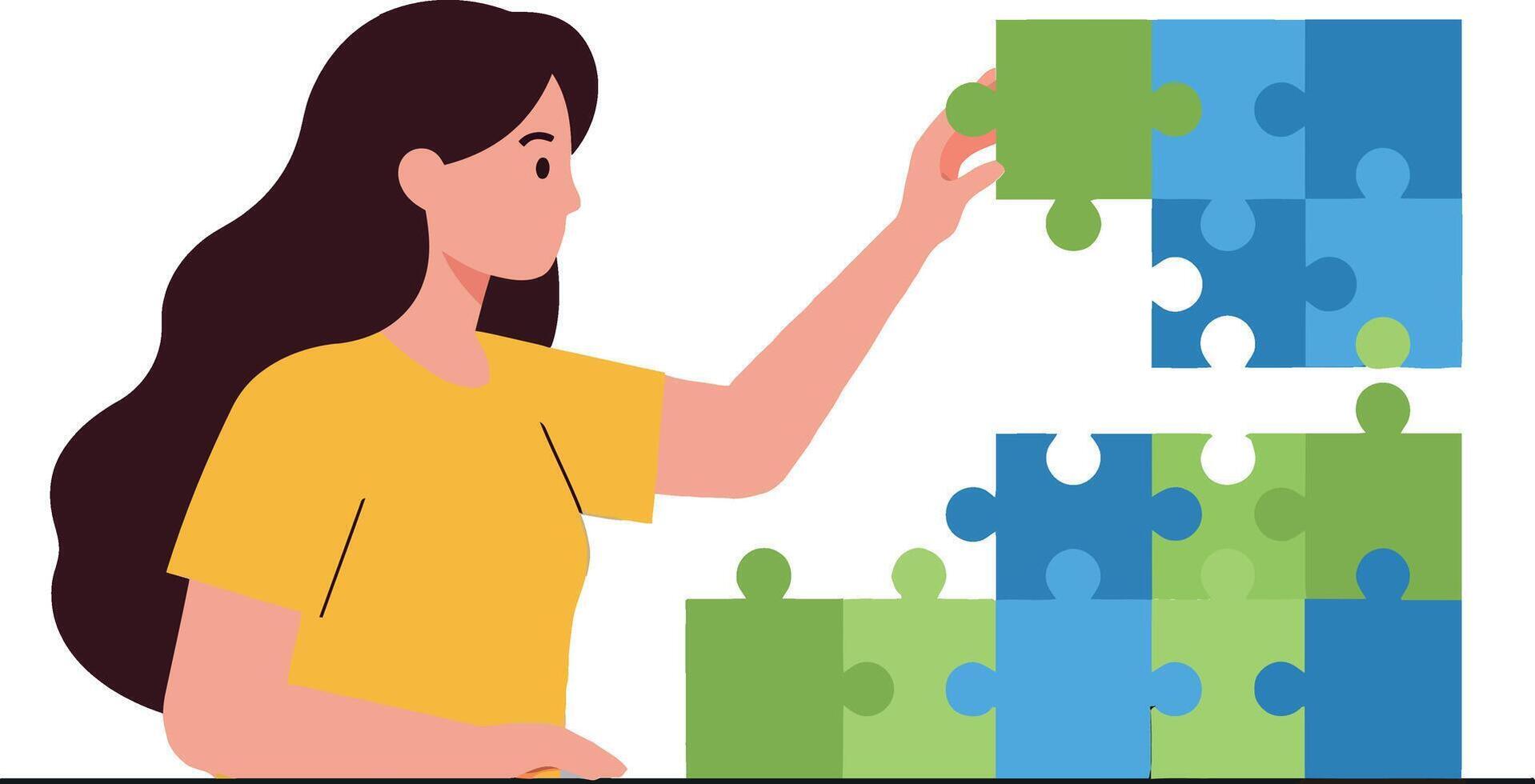 Woman assembling colorful puzzle pieces on a flat surface vector