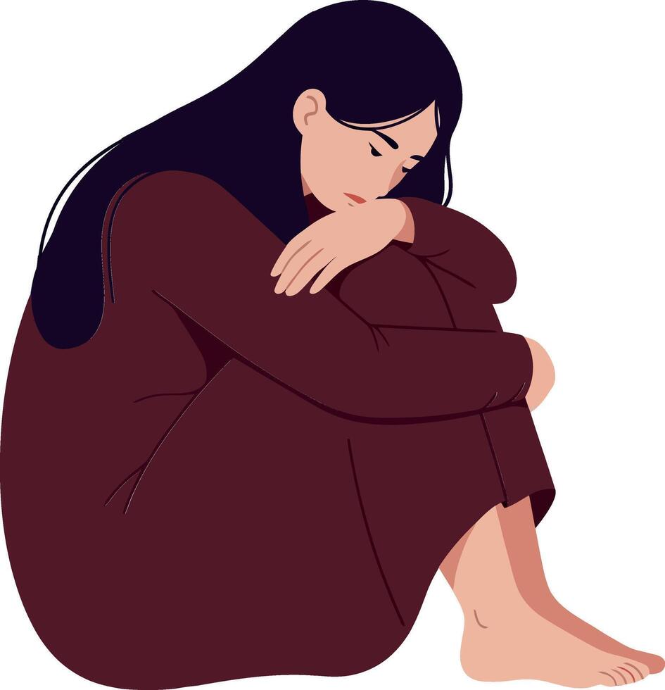 Woman sitting alone with her arms wrapped around her knees in thought vector
