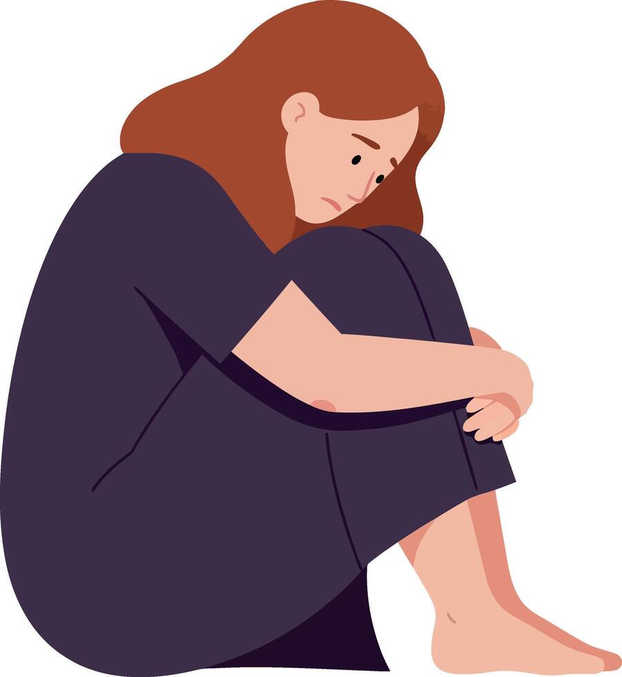 Woman sitting on the floor, hugging knees, expressing sadness and reflection vector