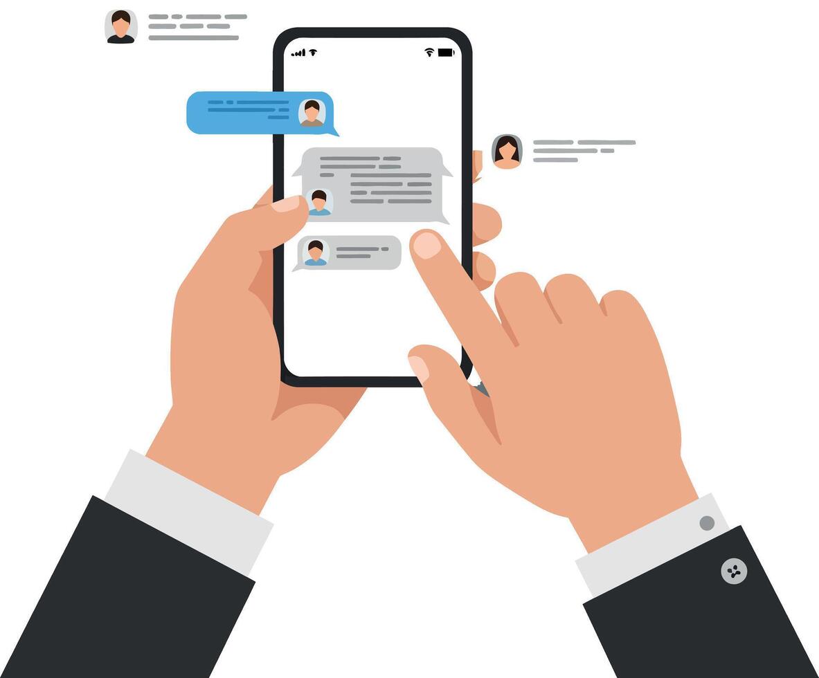 Hands holding smartphone while sending messages in a digital chat interface vector