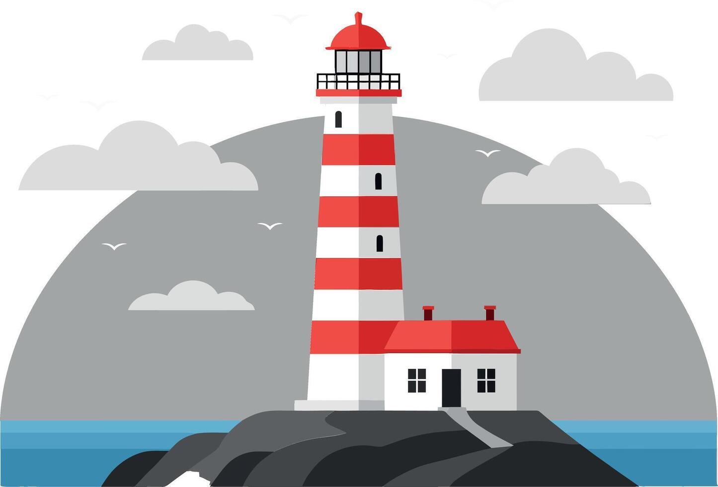 Bright red and white striped lighthouse standing on rocky shoreline vector