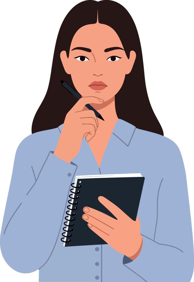 Thoughtful woman holding a notebook and pen, contemplating ideas clearly vector