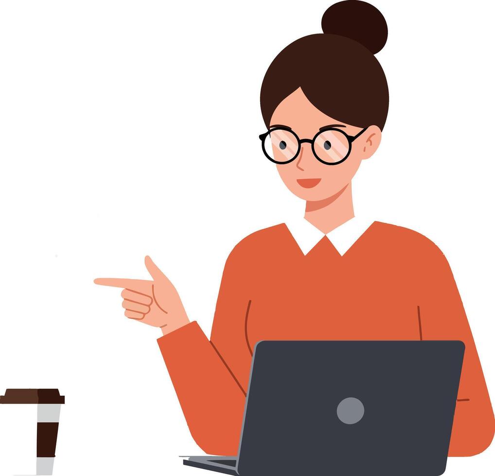Woman in glasses pointing at laptop while sitting at desk vector