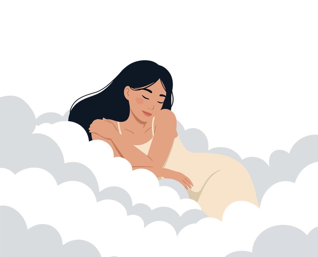 Woman peacefully resting among soft clouds in serene atmosphere vector