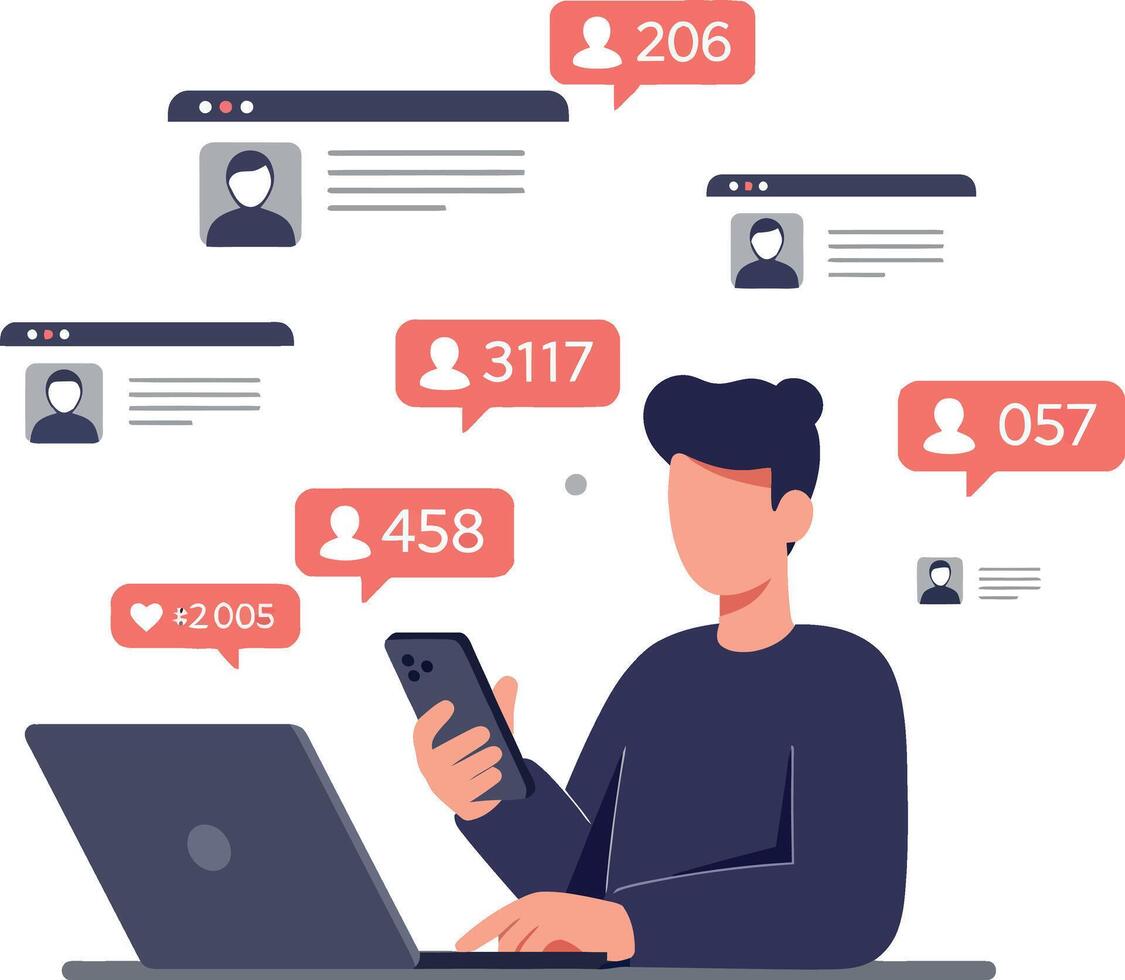 Person using smartphone while engaging with online social media notifications vector