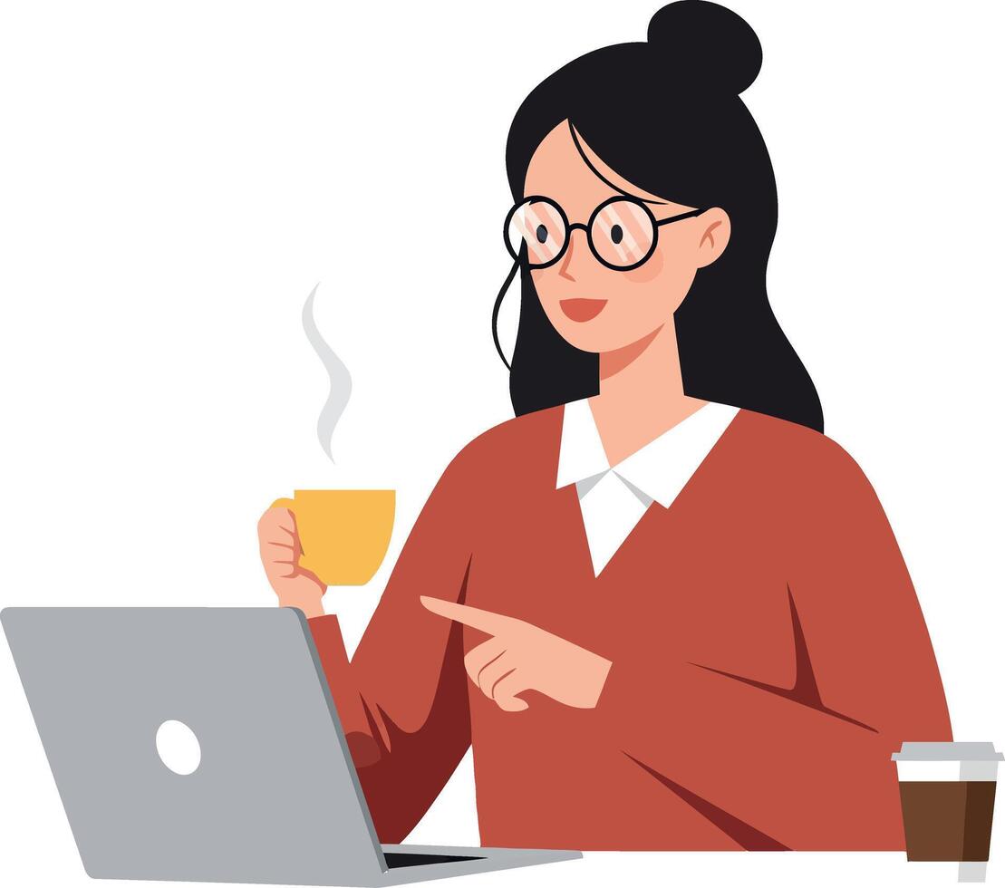 Young woman enjoying coffee while working on a laptop in a cozy setting vector