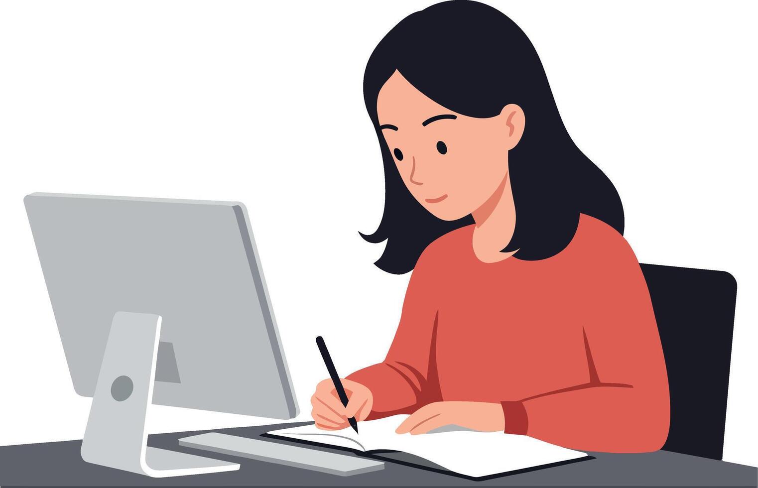 Young woman studying at a desk with a laptop and notebook vector