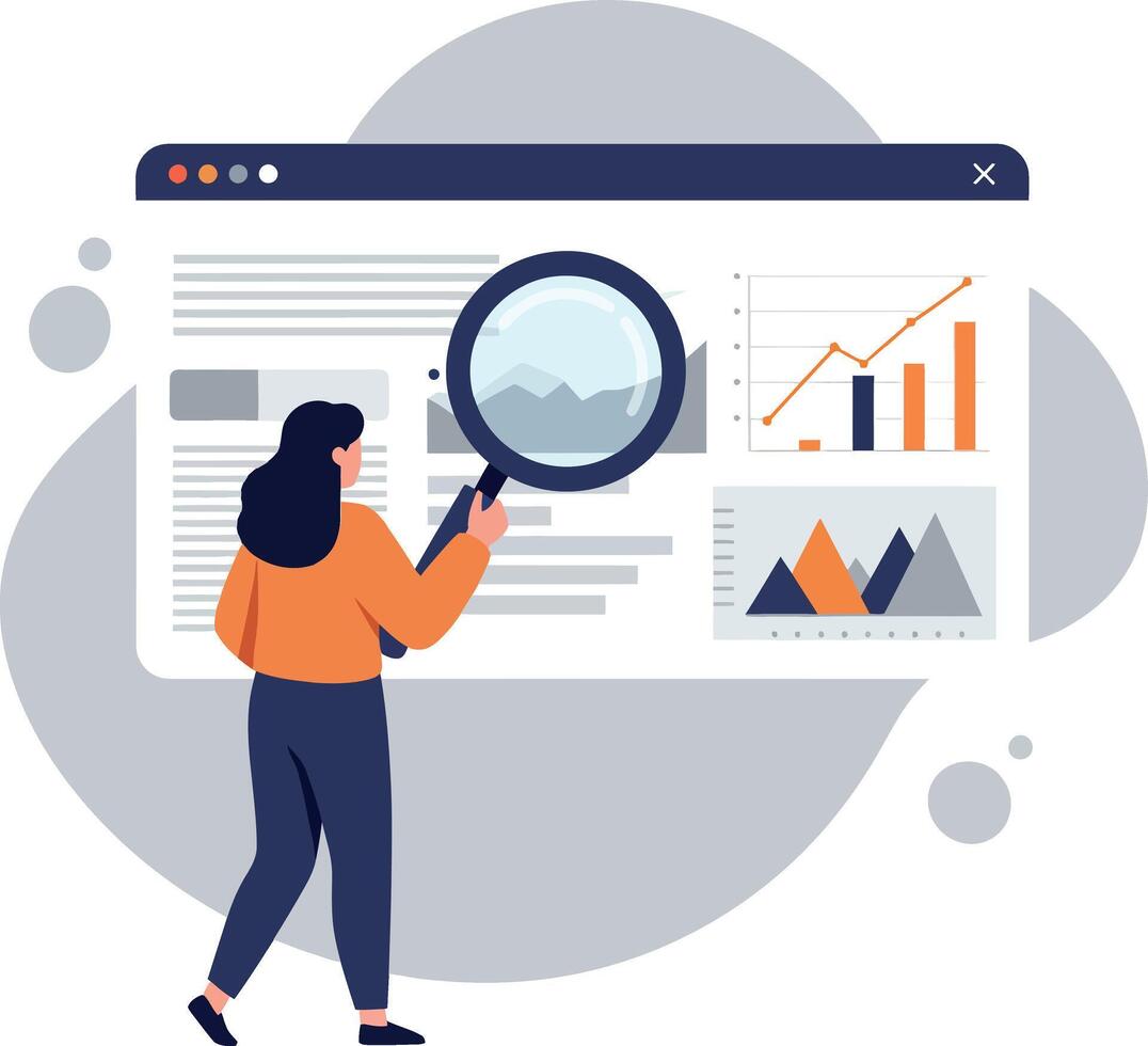 Person using a magnifying glass to analyze data on a screen vector