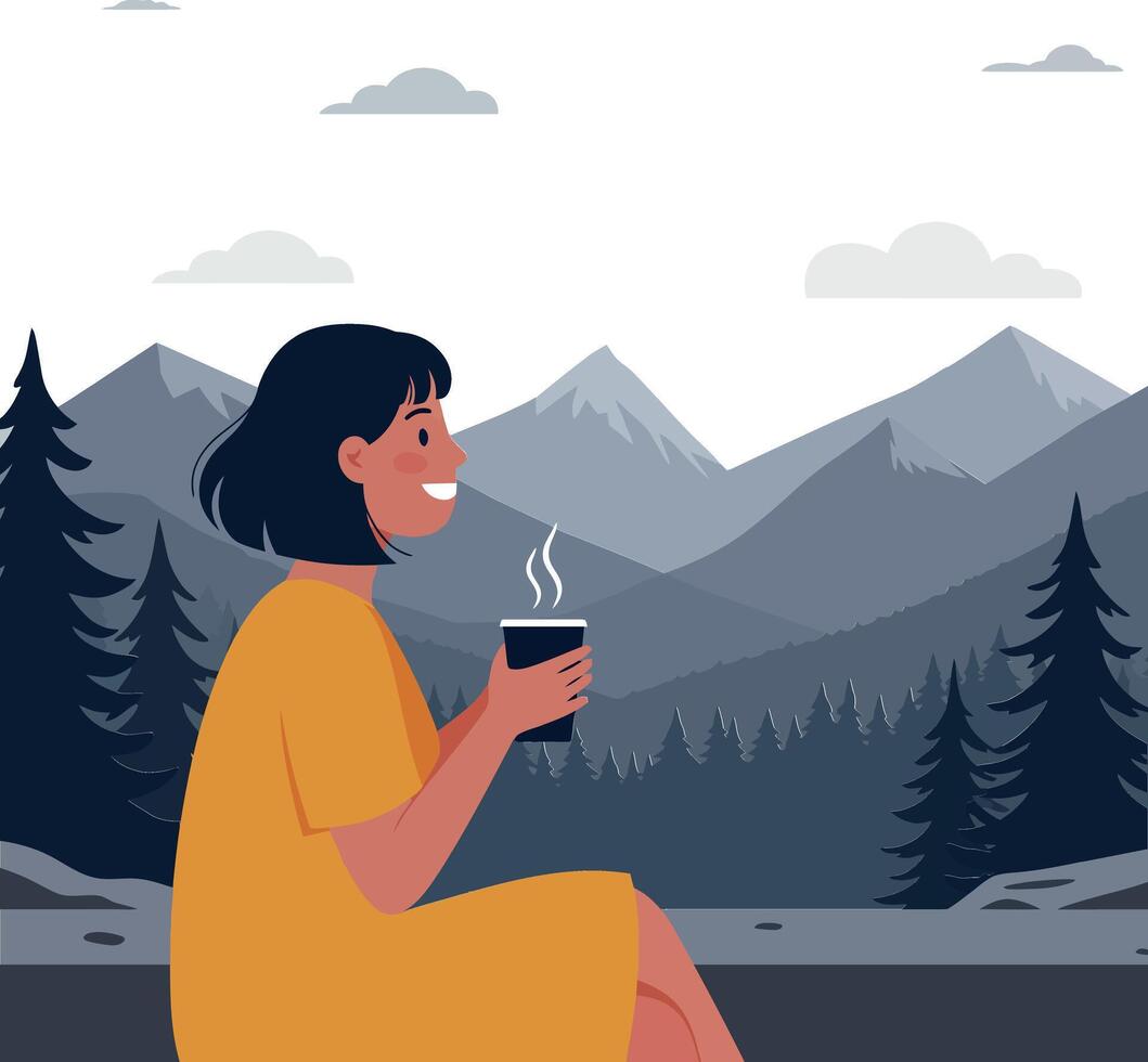 Woman enjoying a warm drink while sitting in natures serenity vector