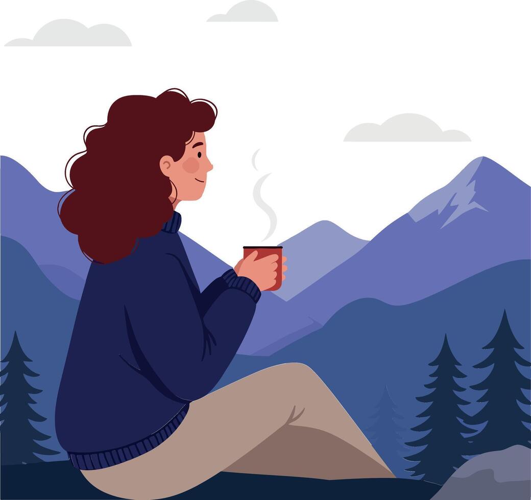 Woman enjoying a hot drink while sitting in the mountains vector