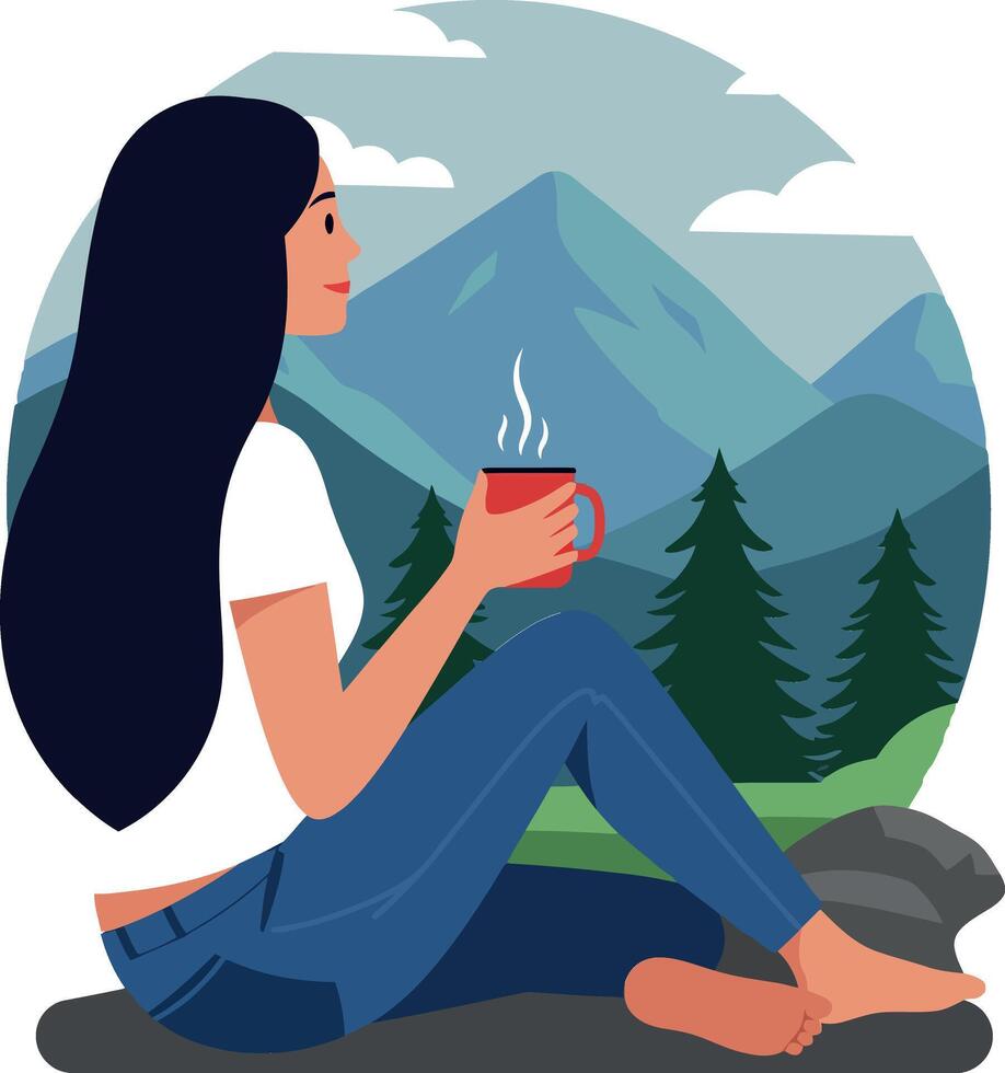 Woman enjoying a warm drink while sitting in a scenic landscape vector