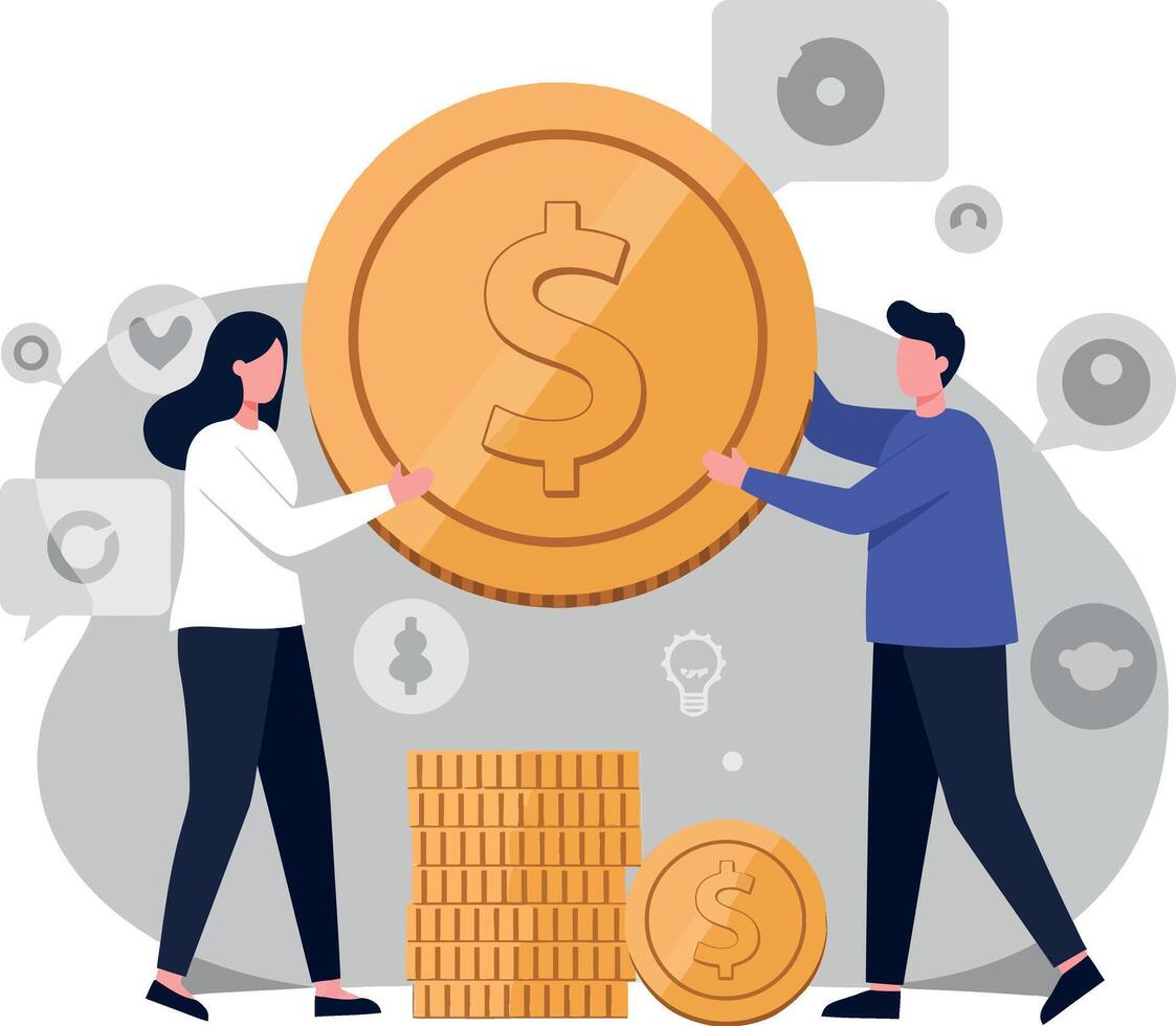 Two people exchanging a large coin with digital elements in background vector