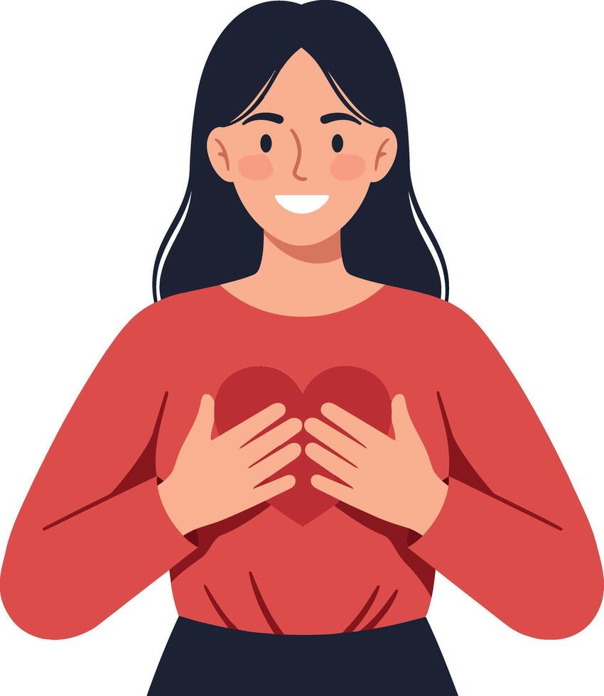 Woman smiling while holding a heart illustration with a warm expression vector