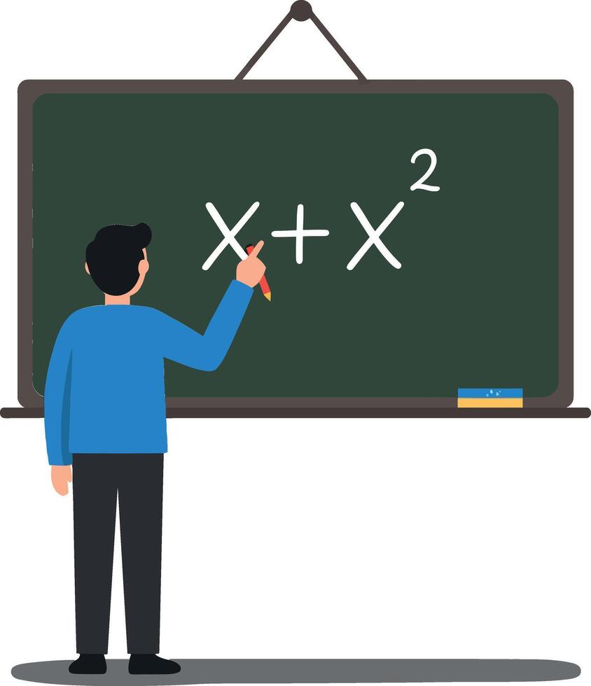 Teacher explaining algebraic equations on a chalkboard in classroom setting vector