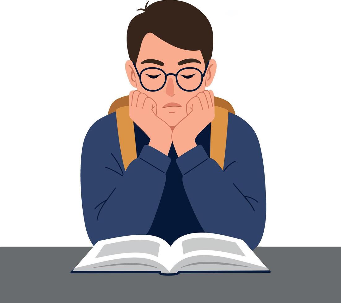 Student with glasses appears bored while reading a book at a desk vector