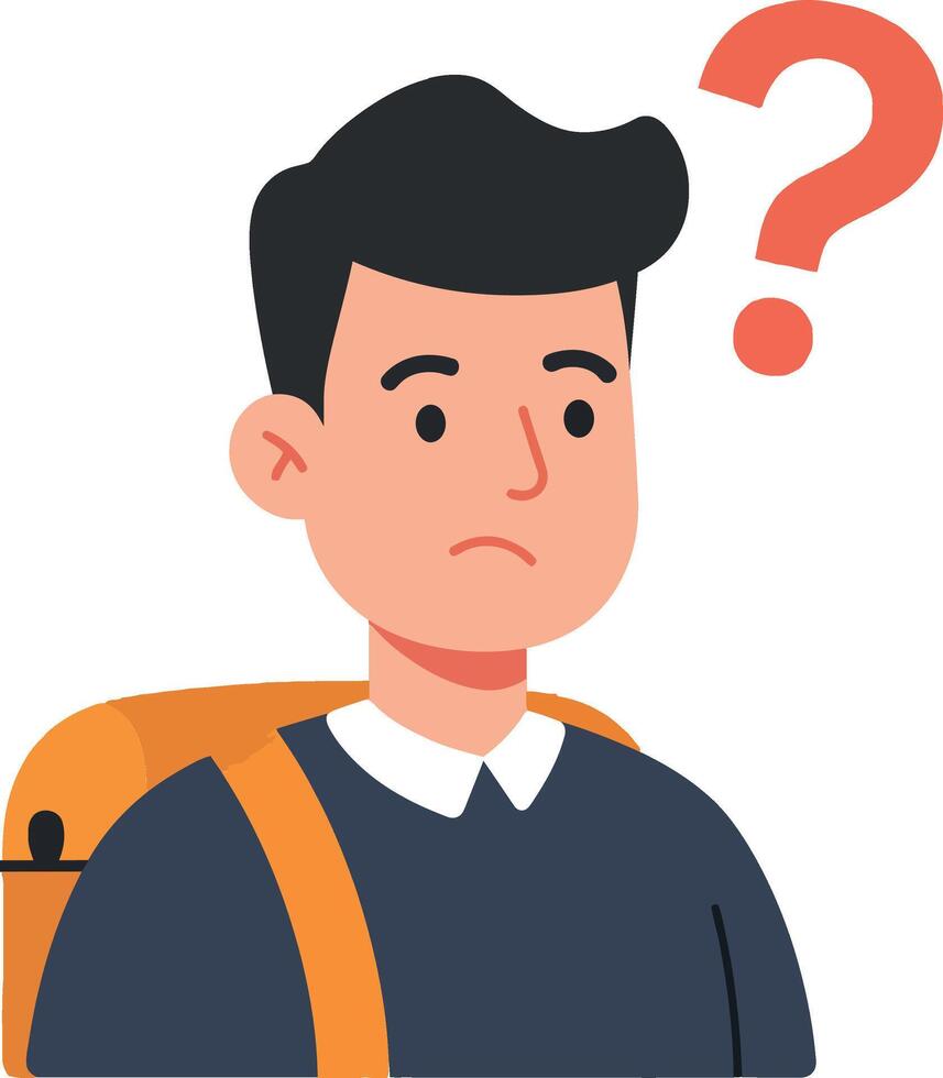 Young man with backpack and question mark expressing confusion or uncertainty vector