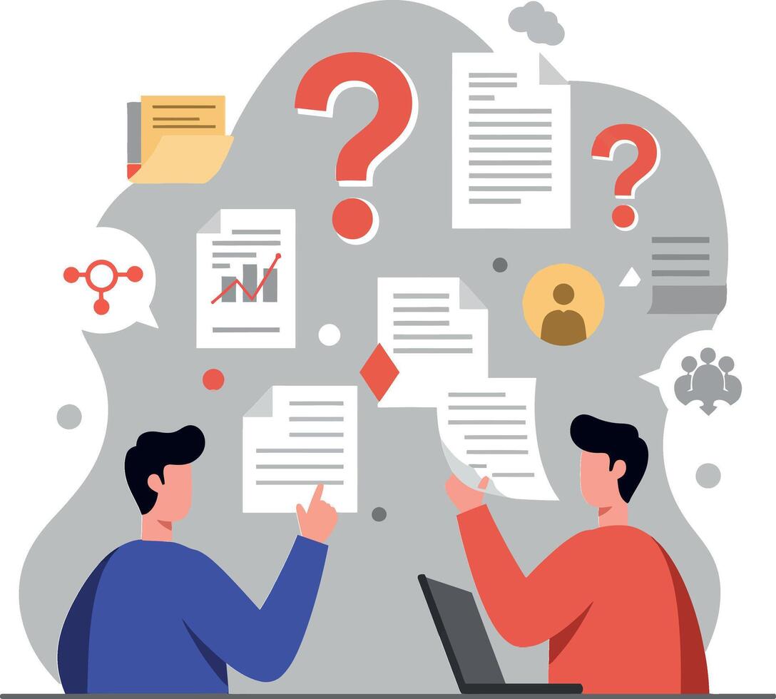 Two people discussing documents with questions and ideas in the background vector