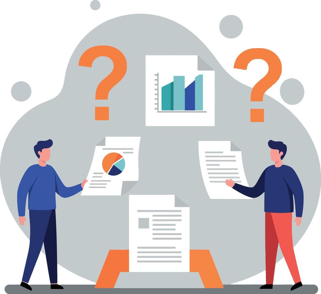 Two individuals analyzing documents and charts with questions in background vector