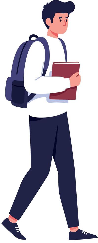 Young man walking with a backpack and books in hand vector