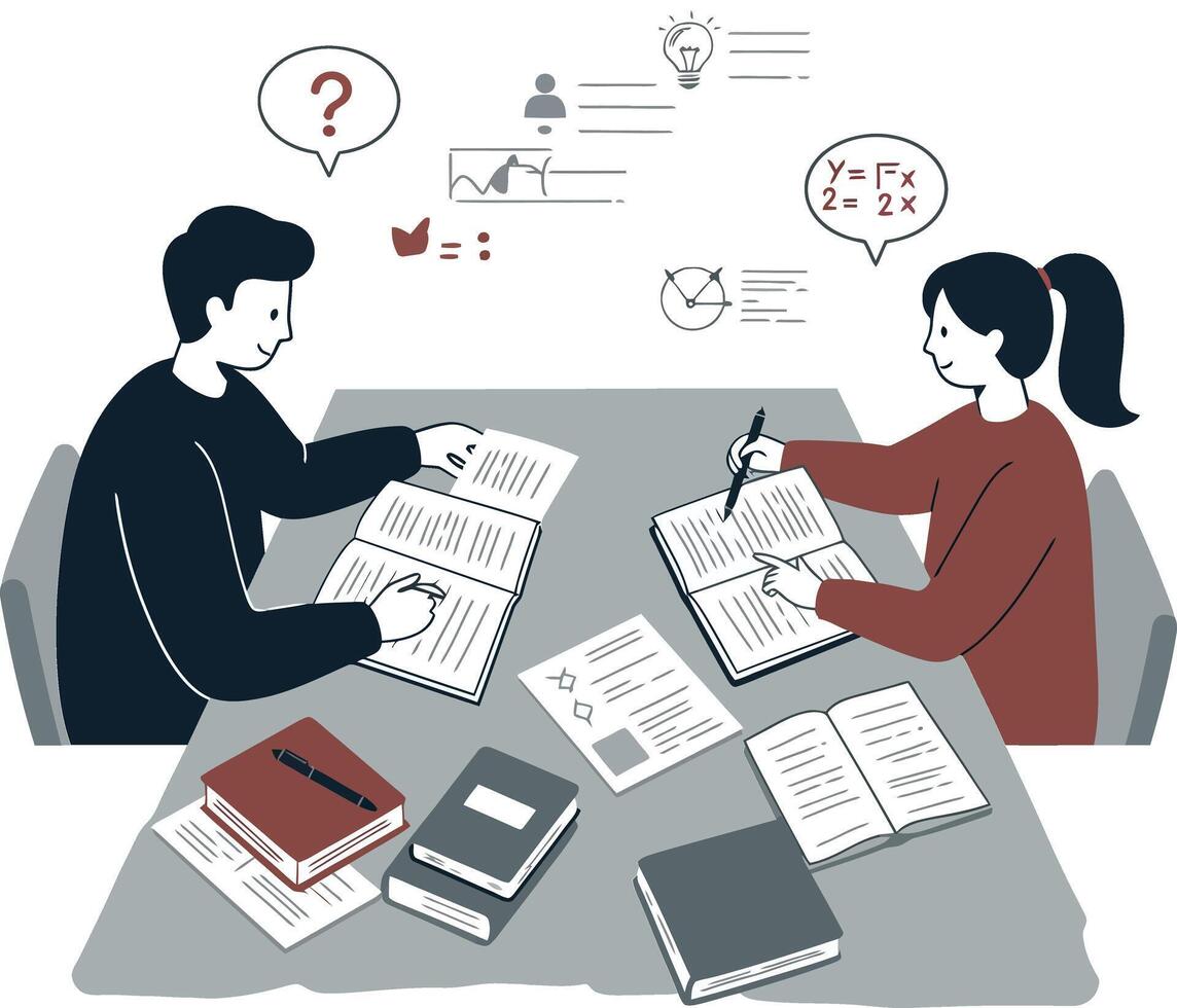 Two students studying together with books and notes on a table vector