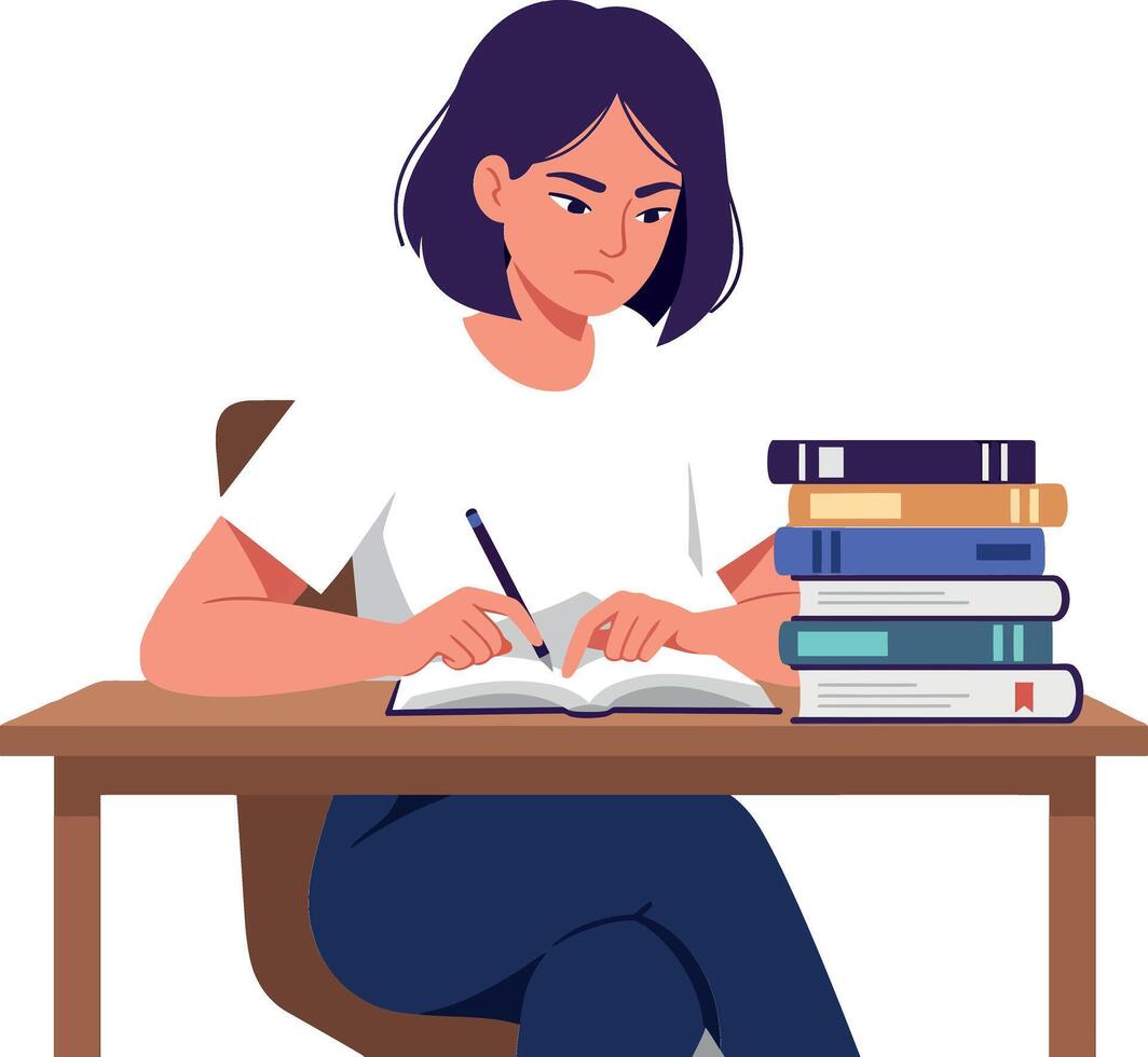 Young woman studying at a desk surrounded by stacks of books vector